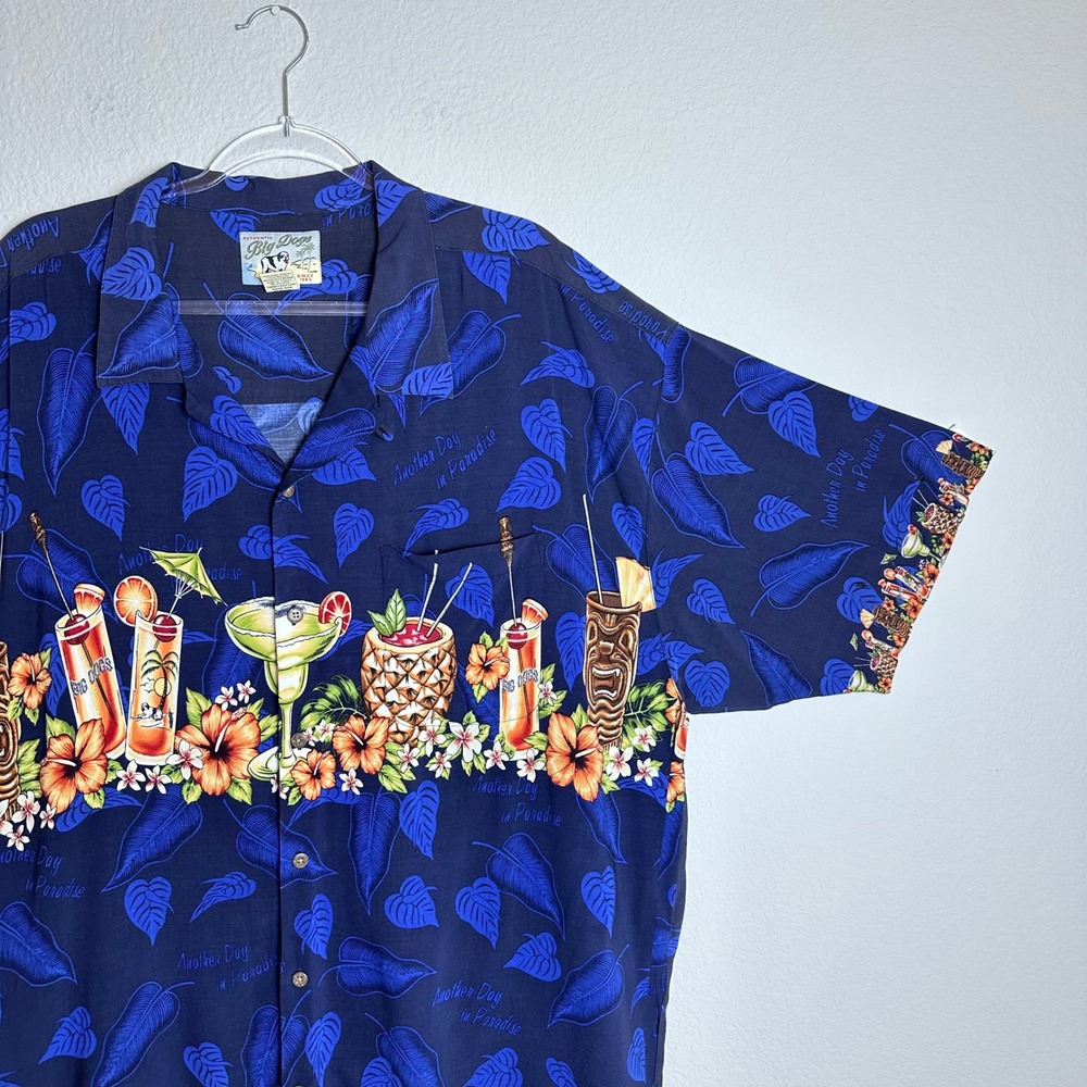 90s‎ Big Dogs Mens 3X Hawaiian Camp Shirt Navy Blue Tiki Cocktail Tropical Vtg